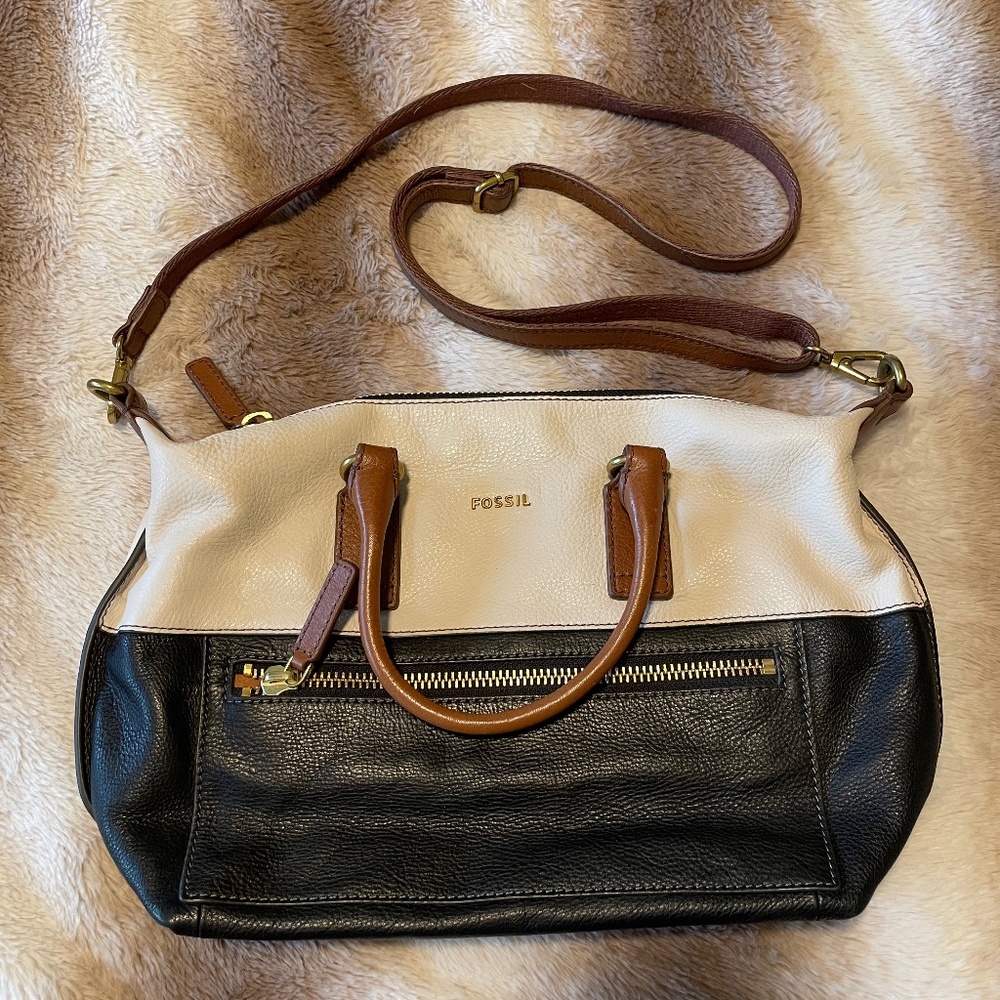 Colorblock Neutral Leather Fossil Satchel Crossbody